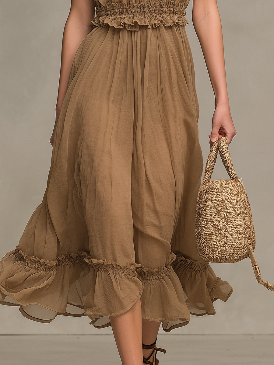 Elegant And Casual Halter-neck Sleeveless Midi Dress With Ruffle Details