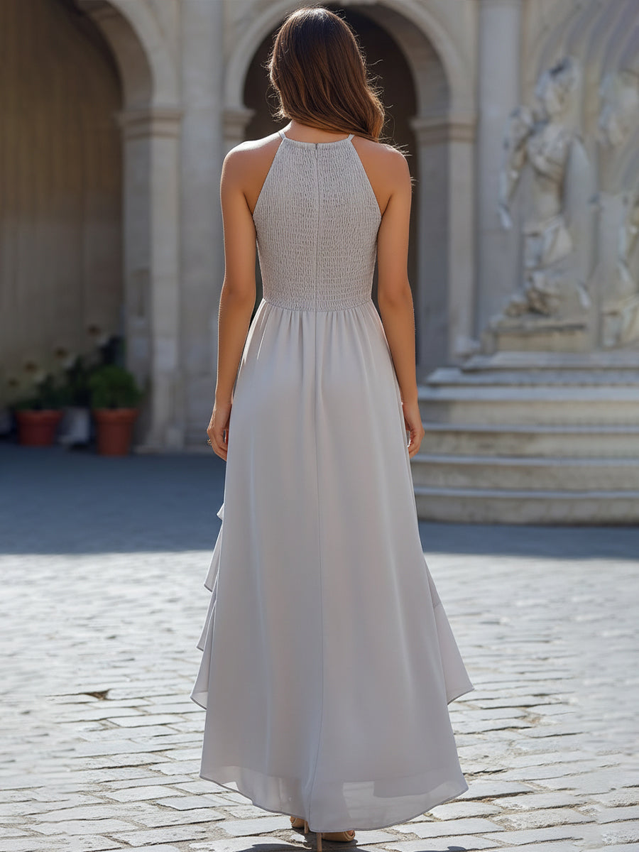 Halter Neck High-Low Ruffle Hem Midi Dress