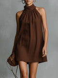 sheenchic Vacation Brown Halter Collar Casual Chiffon Mini Dresses [Pre-Order]