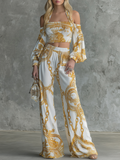 Retro And Elegant Chain Print Halter Neck Chiffon Top And Wide-leg Pants Set