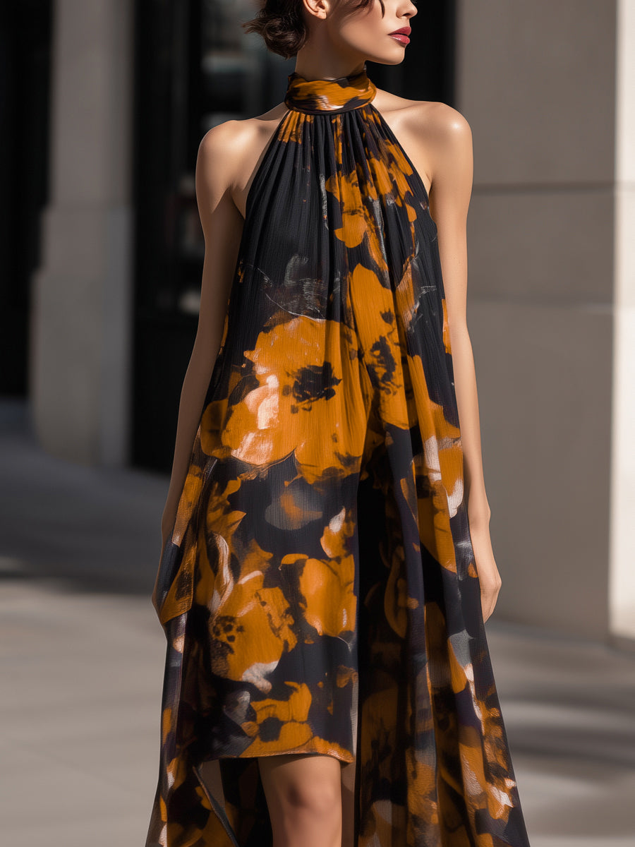 Halter-Neck Abstract Floral Chiffon High-Low Dress