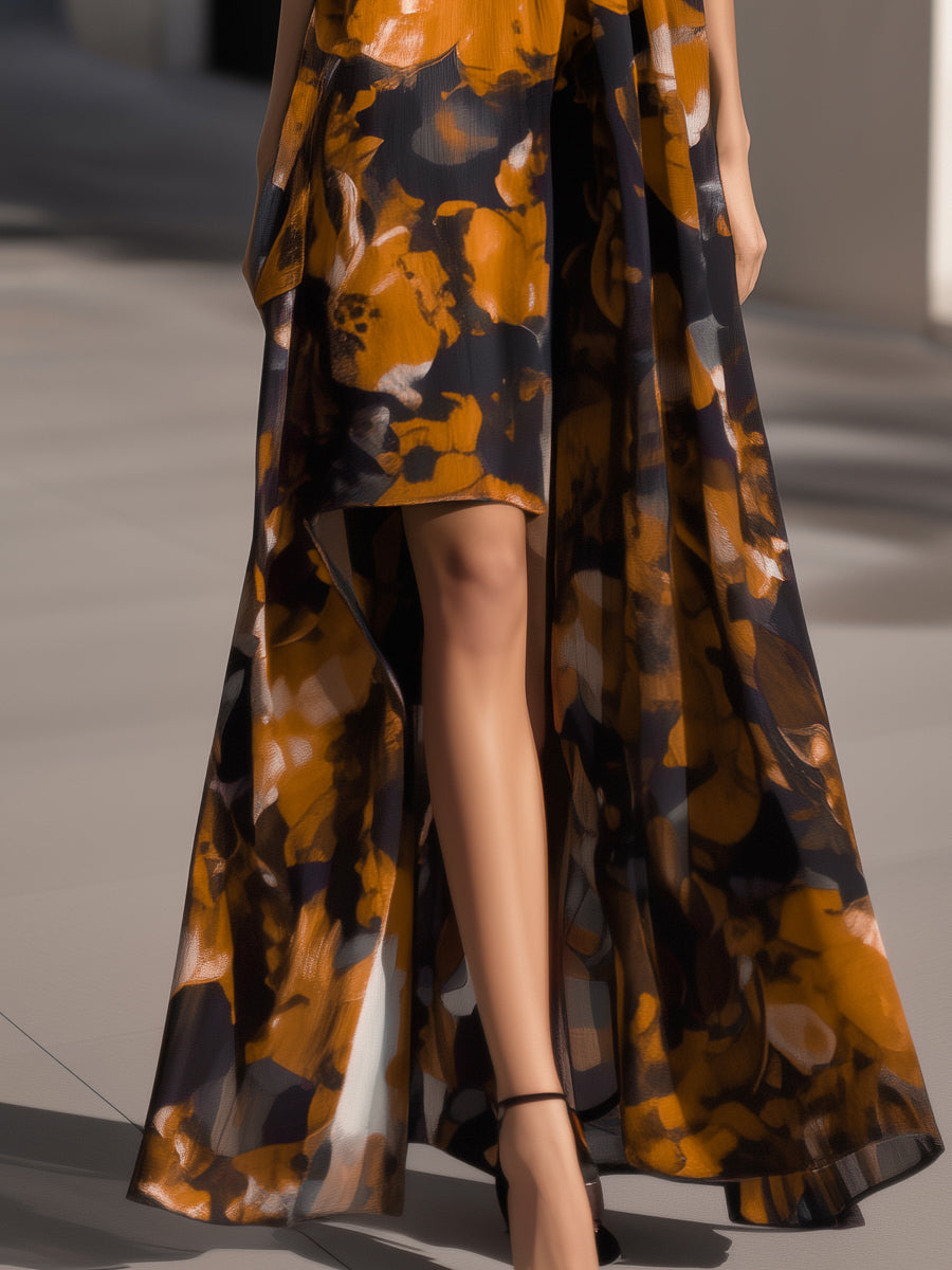 Halter-Neck Abstract Floral Chiffon High-Low Dress