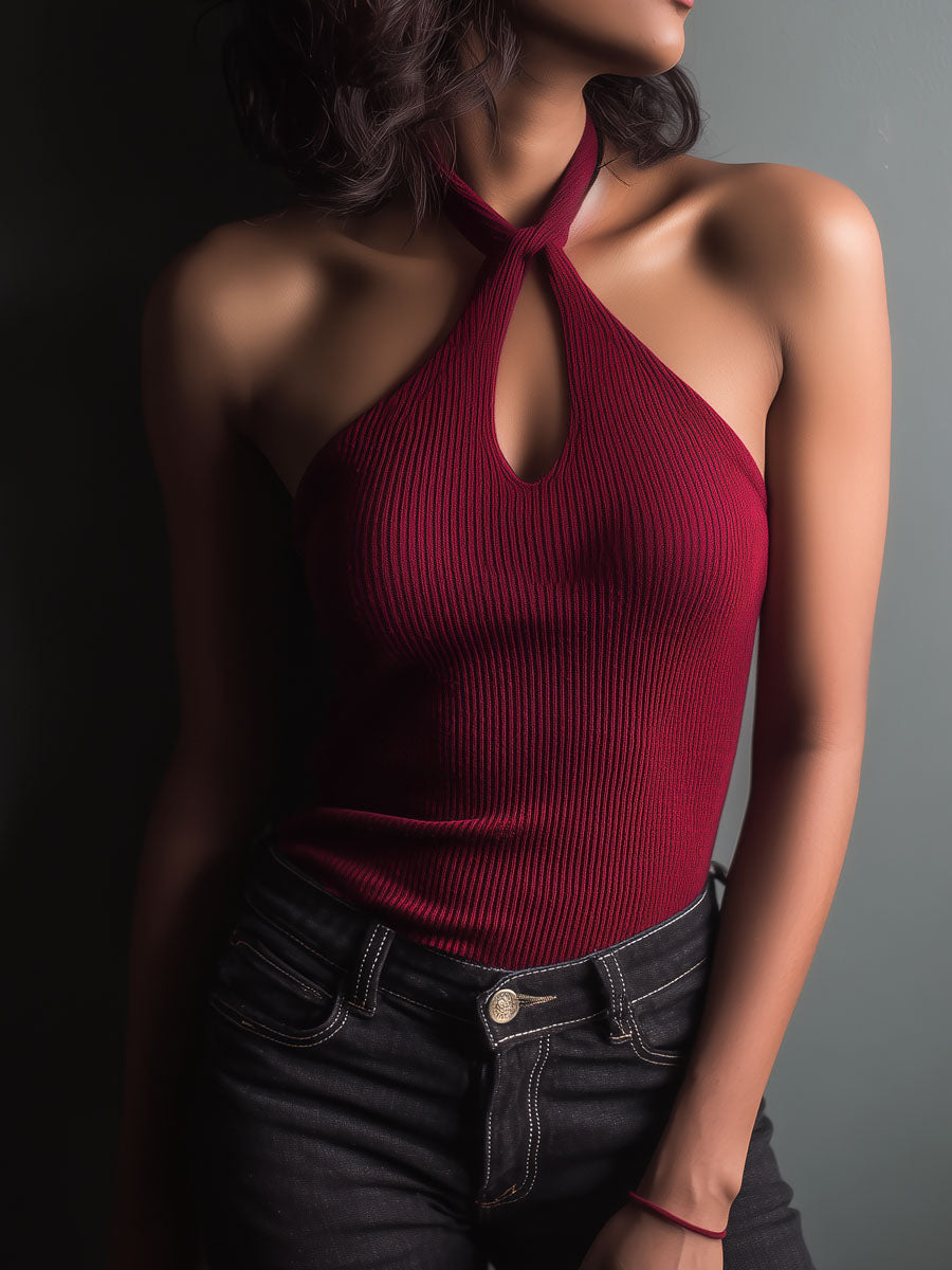 Retro Key Hole Burgundy Ribbed Knit Halter Top