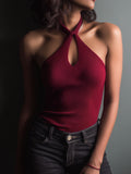 Retro Key Hole Burgundy Ribbed Knit Halter Top