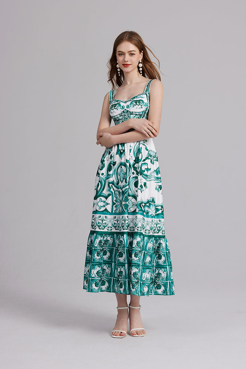 Print Position Halter Slim Waistline A Line Dress