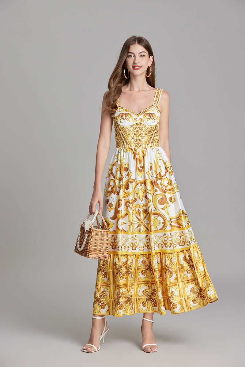 Print Position Halter Slim Waistline A Line Dress