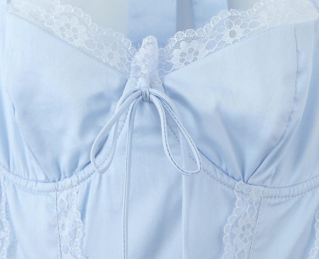 Blue Halter Dress Fitted Waist Backless Sweet Pettidress