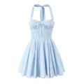 Blue Halter Dress Fitted Waist Backless Sweet Pettidress