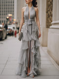 Halter Neck Draped Ruffle Maxi Dress