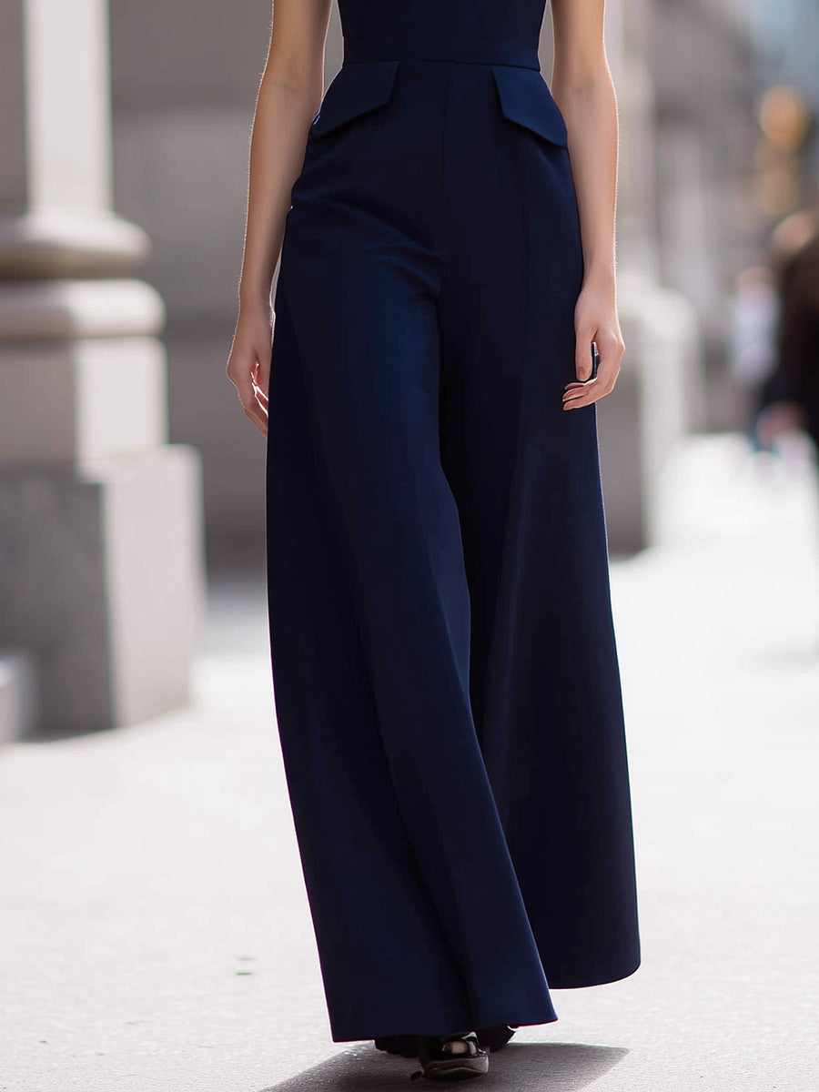Navy Halter Neck Tailored Wide-Leg Jumpsuit
