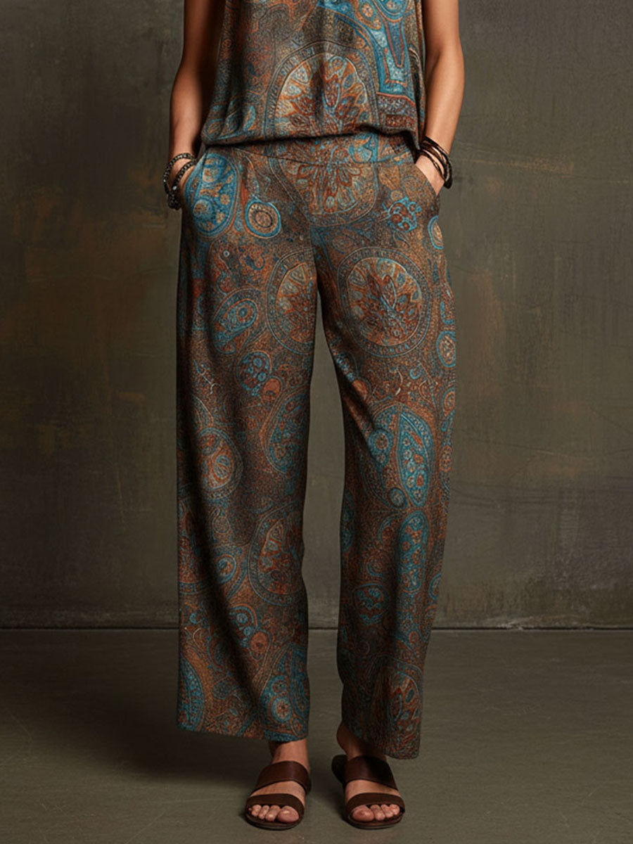 Boho Chic Paisley Print Halter Scarf  Top And Wide-Leg Pants Set