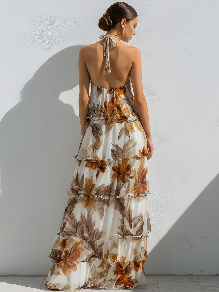 Floral Halter Tiered Maxi Dress With Soft Ruffle Layers
