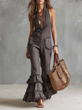 Vintage Elegant Cotton Ruffle-Leg Silhouette Halter Jumpsuit