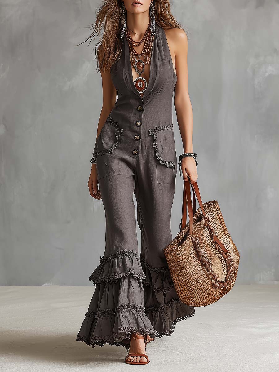 Vintage Elegant Cotton Ruffle-Leg Silhouette Halter Jumpsuit