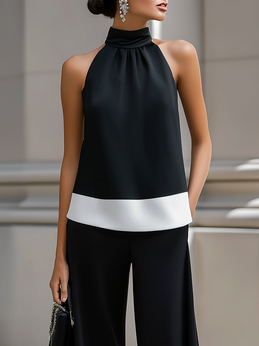 Contrast Hem Halter Neck Blouse & Wide-Leg Pants Set