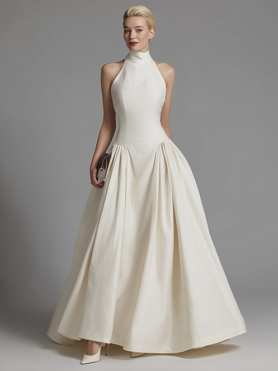 Halter Neck Fit-and-Flare Maxi Dress With Structured Pleated Skirt