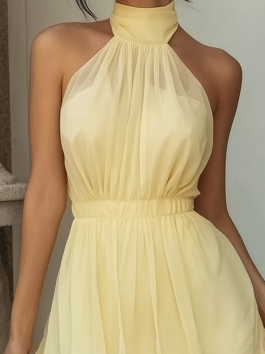 Soft Yellow Halter Neck Chiffon Mini Dress With Layered Skirt