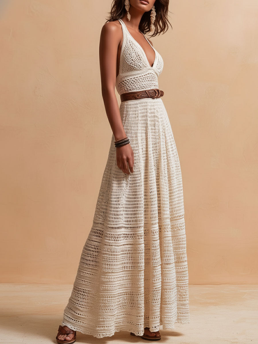 Boho Chic Ivory Crochet Halter Maxi Dress With Waist Belt