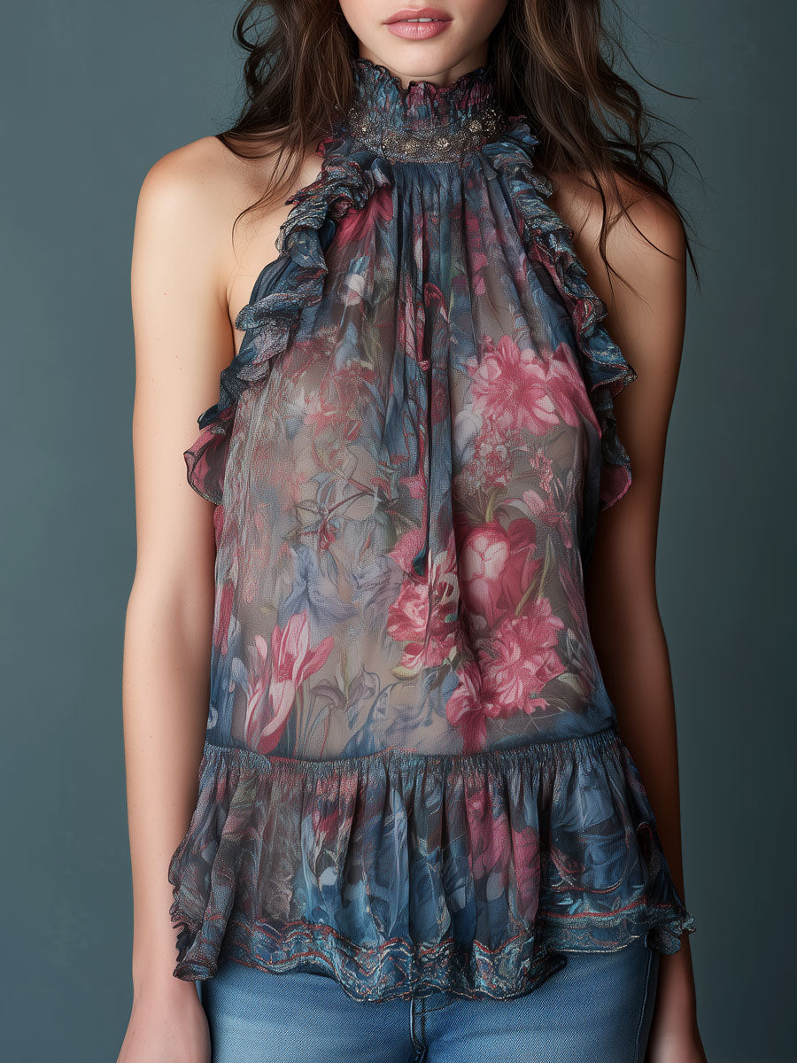 Boho Sheer Floral Halter Sleeveless Blouse With Ruffled Peplum