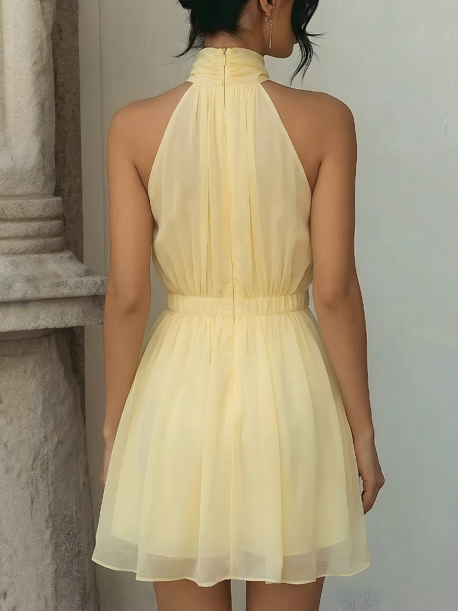 Soft Yellow Halter Neck Chiffon Mini Dress With Layered Skirt
