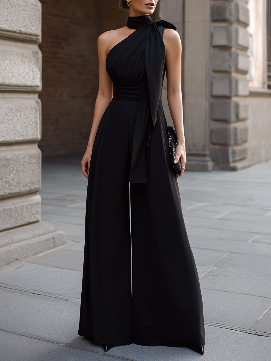 One-Shoulder Draped Halter Wide-Leg Jumpsuit