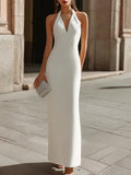 Halter Neck Column Maxi Dress With Deep V Detail