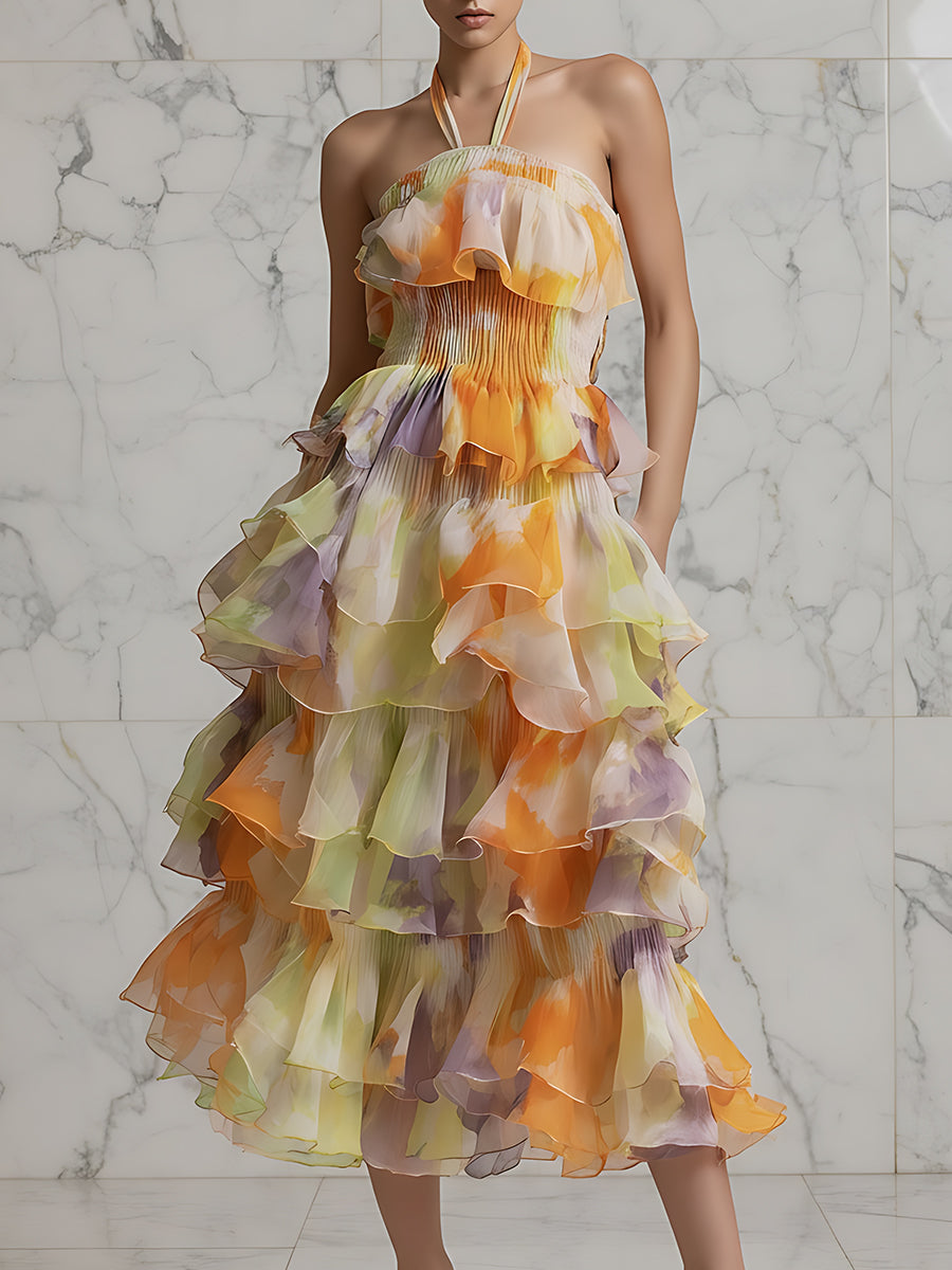 Halter Neck Tiered Ruffle Midi Dress