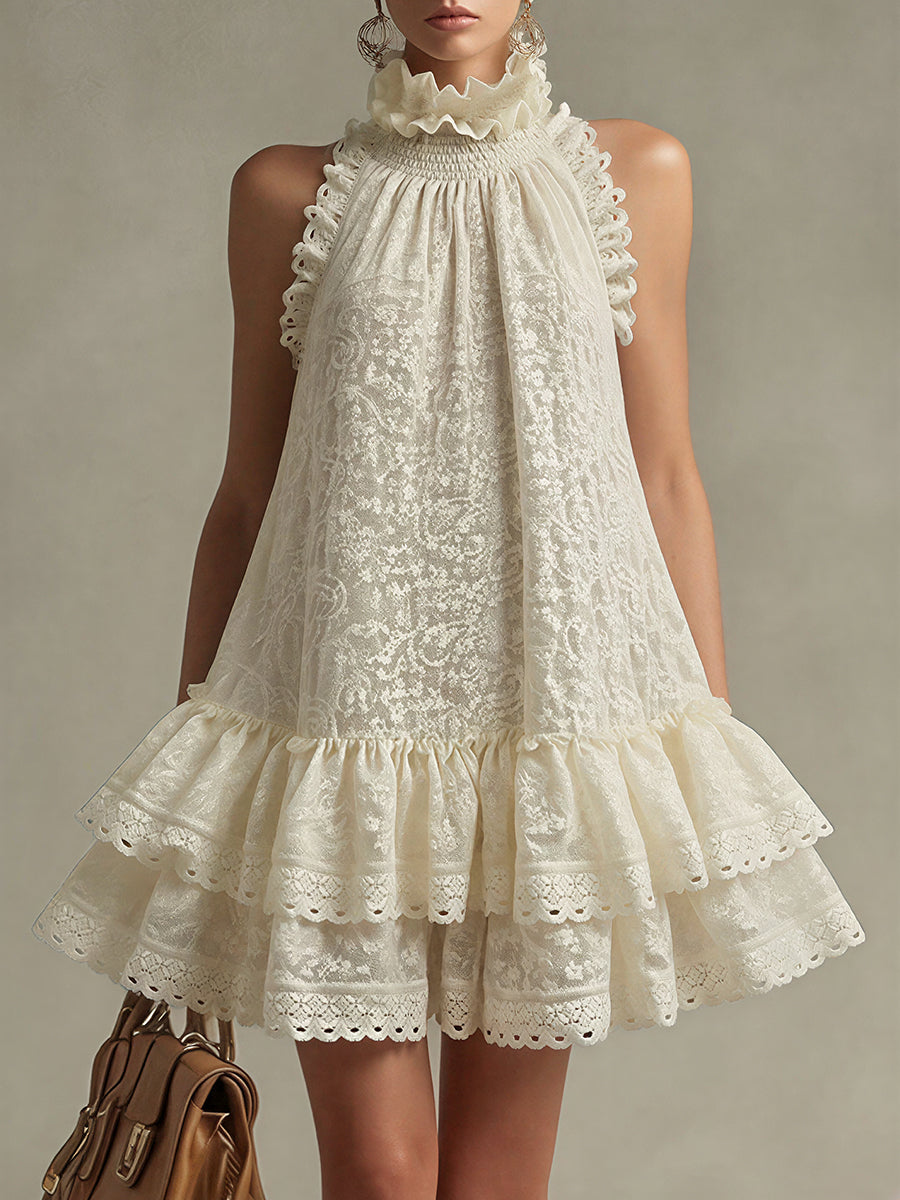sheenchic Vacation Beige Halter Collar Ruffle Boho Ruffled Lace Mini Dresses [Pre-Order]