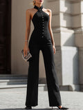 Halter Neck Button-Front Tailored Jumpsuit