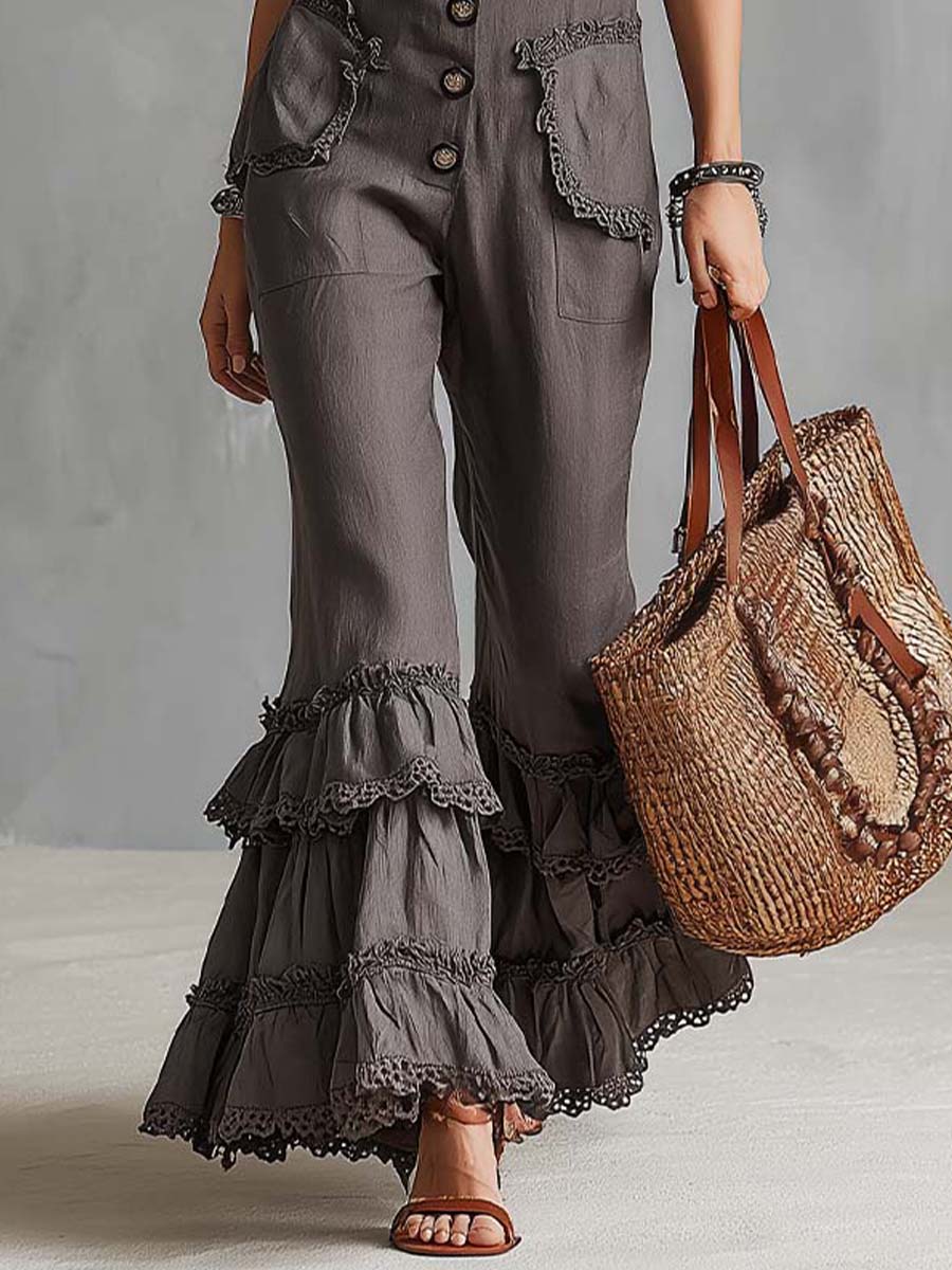 Vintage Elegant Cotton Ruffle-Leg Silhouette Halter Jumpsuit