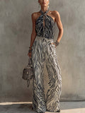 Black And White Zebra Print Halter Chiffon Top And Wide Leg Pants Set