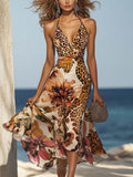 Halter Neck Leopard and Floral Print Midi Dress