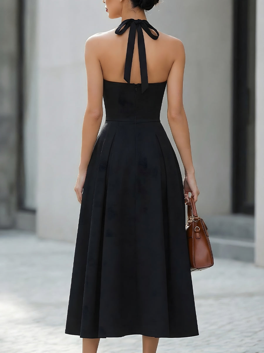 Black Halter Neck Fit-and-Flare Midi Dress