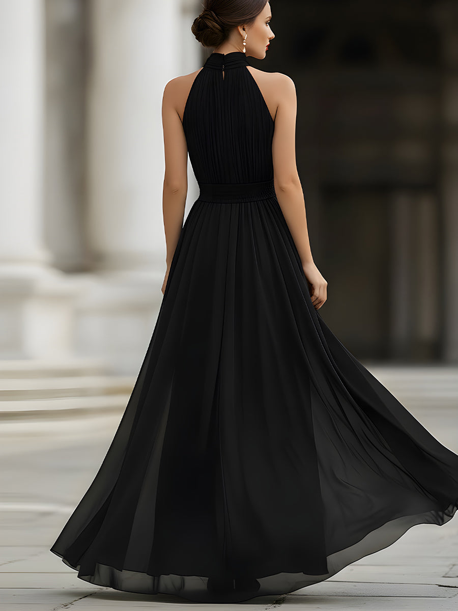 Black Halter Neck Pleated Chiffon Maxi Dress