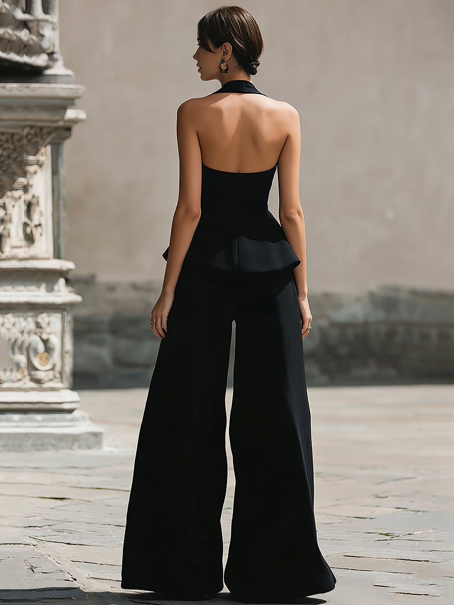 Vintage-Inspired Halter Peplum Top & Wide-Leg Trouser Two-Piece Set