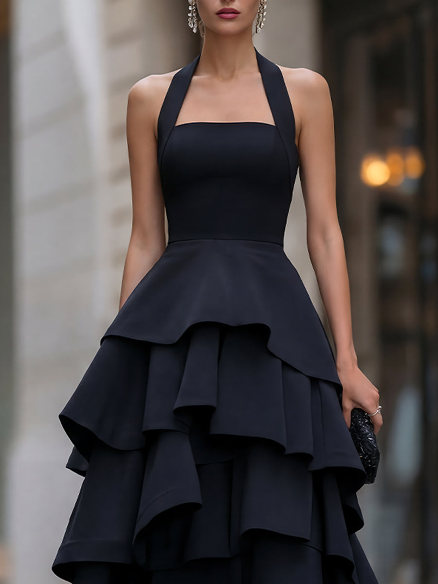 Halter-Neck Tiered Ruffle Midi Dress