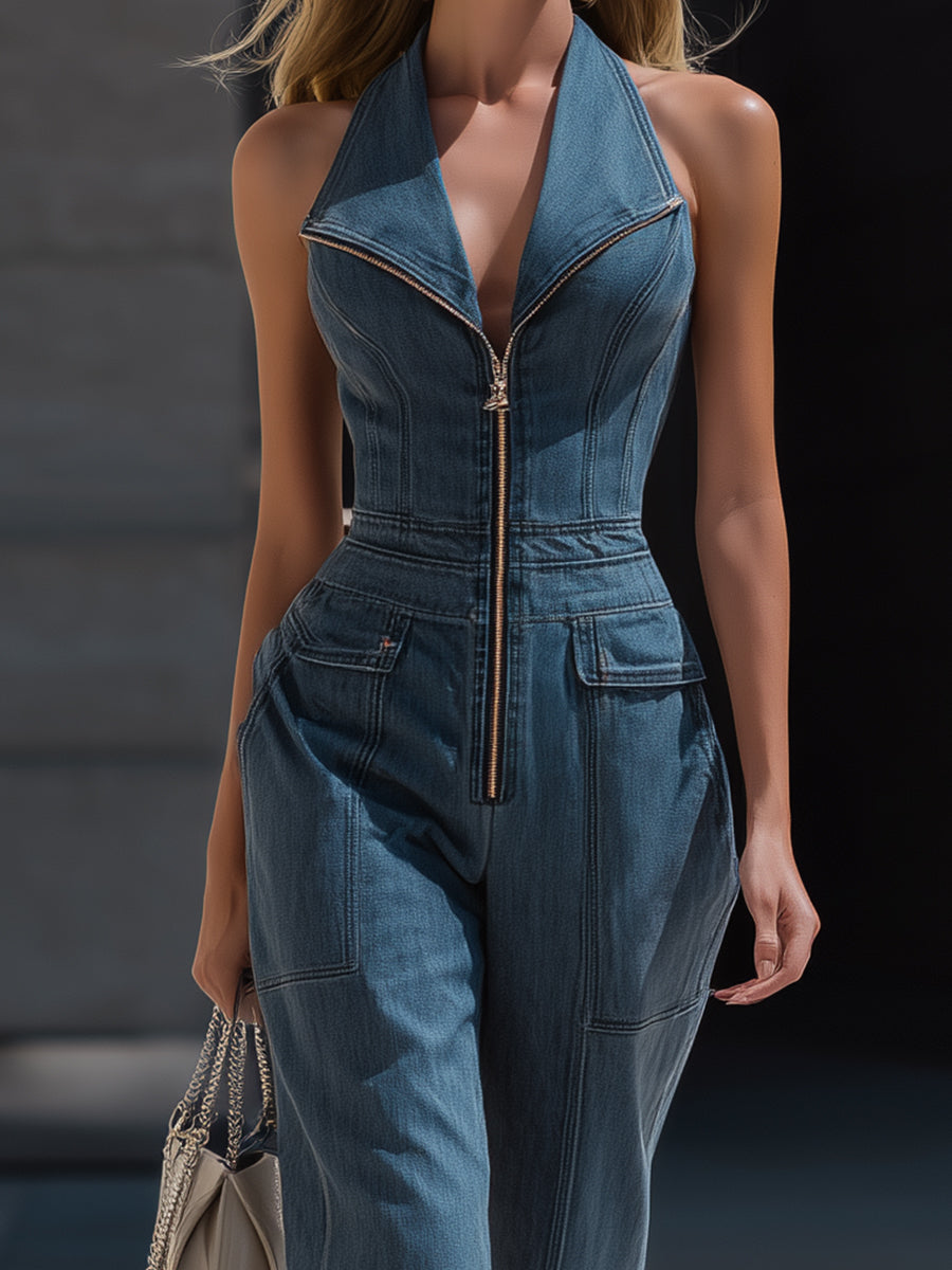 Denim Halter Neck Zip-Front Cropped-Leg Jumpsuit