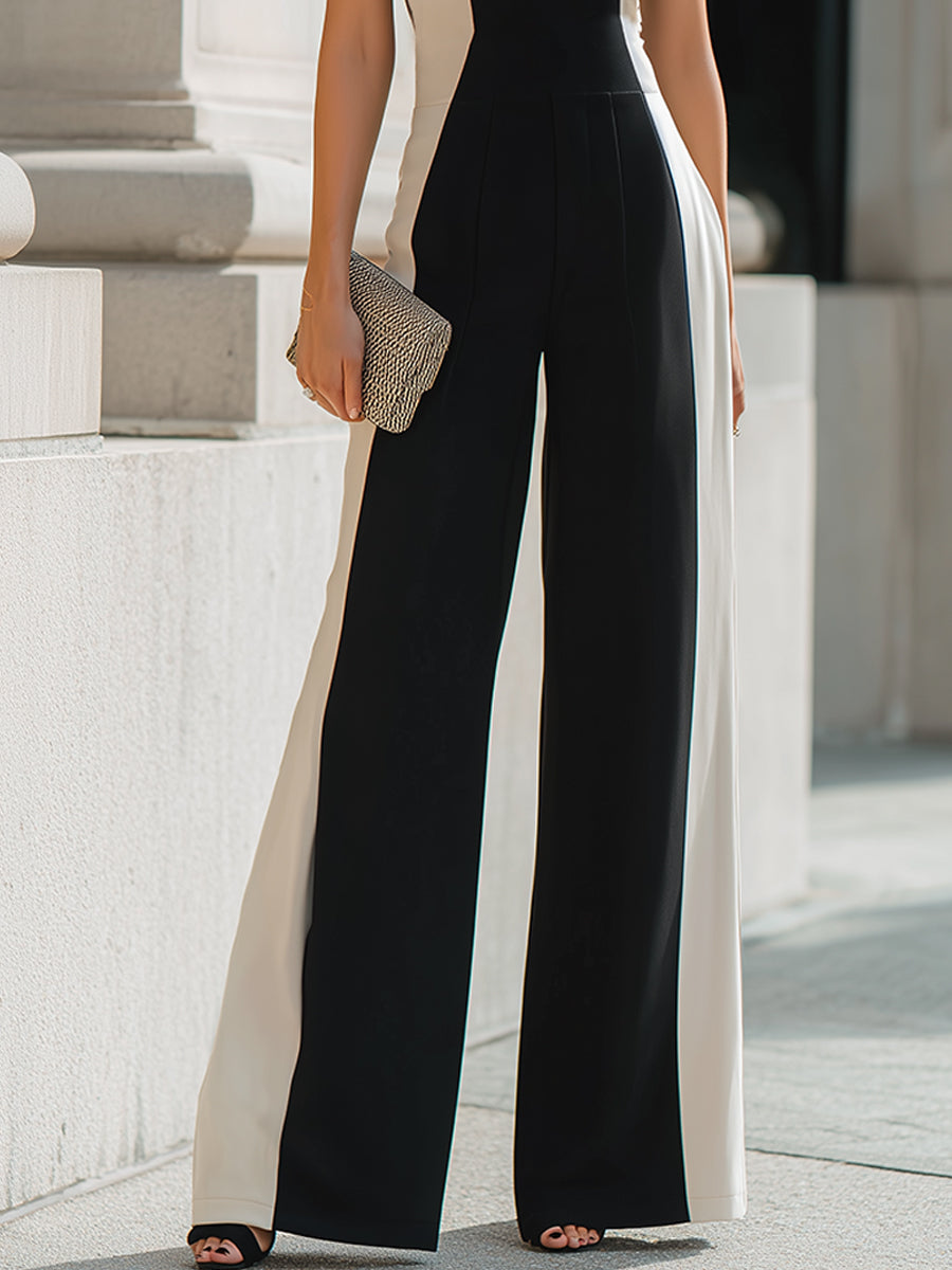 Halter Neck Contrast Panel Wide-Leg Jumpsuit