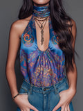 Boho Midnight Blue Baroque Print Satin Halter Blouse