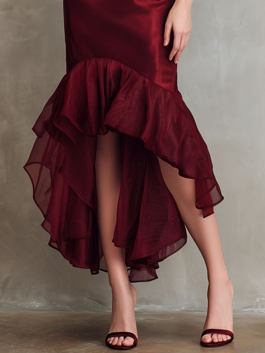Retro Elegant Keyhole Burgundy Satin Halter High-Low Evening Gown