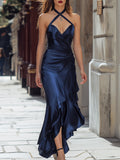 Navy Satin Halter Draped Maxi Dress With Ruffle Detail