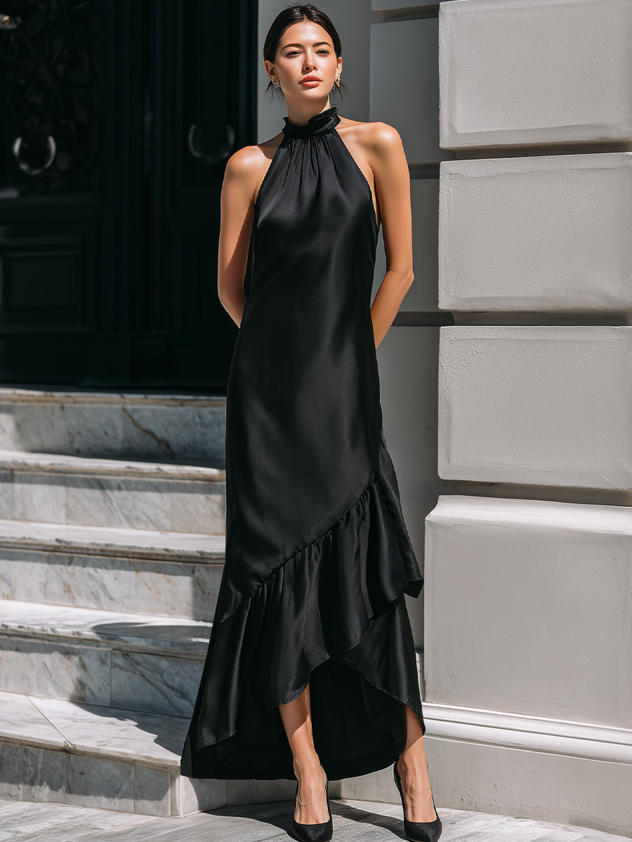 Elegant Halter Neck Asymmetric Ruffle Hem Maxi Dress