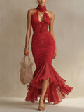 sheenchic Cocktail Party Red Halter Collar Mermaid Elegant Ruffled Chiffon Maxi Dresses [Pre-Order]