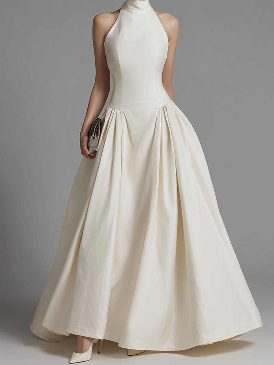 Halter Neck Fit-and-Flare Maxi Dress With Structured Pleated Skirt