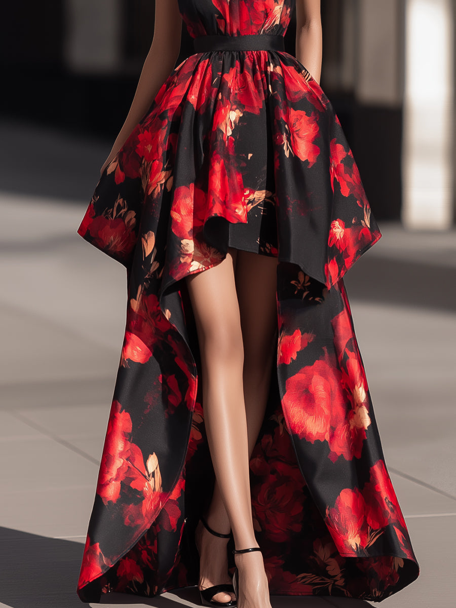 Halter-Neck Satin Floral High-Low Dress