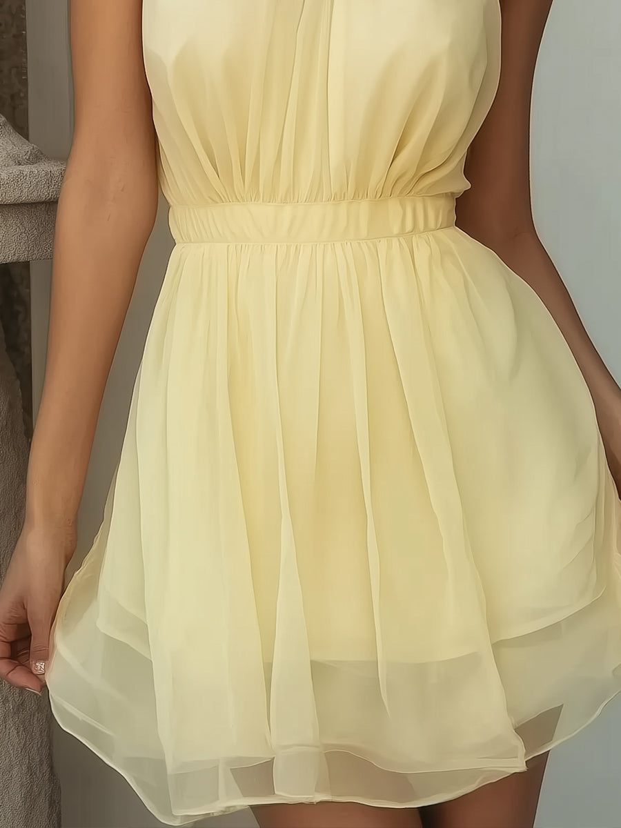 Soft Yellow Halter Neck Chiffon Mini Dress With Layered Skirt