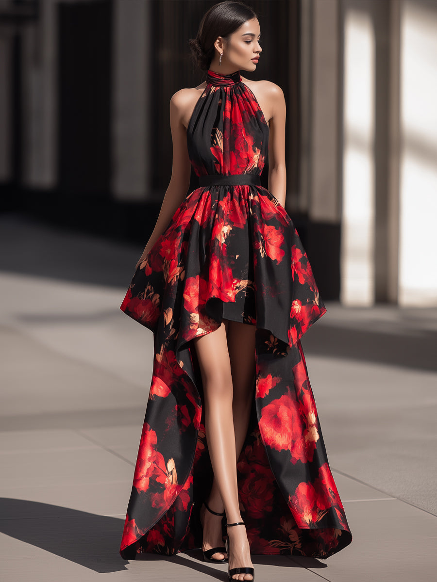 Halter-Neck Satin Floral High-Low Dress