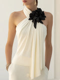 Chic Draped Halter Top With Elegant Floral Detailing