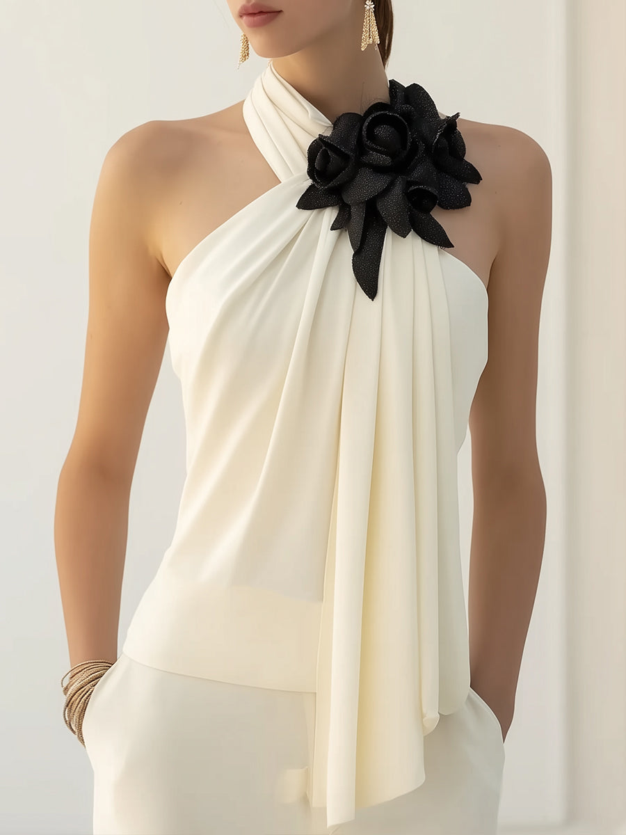 Chic Draped Halter Top With Elegant Floral Detailing