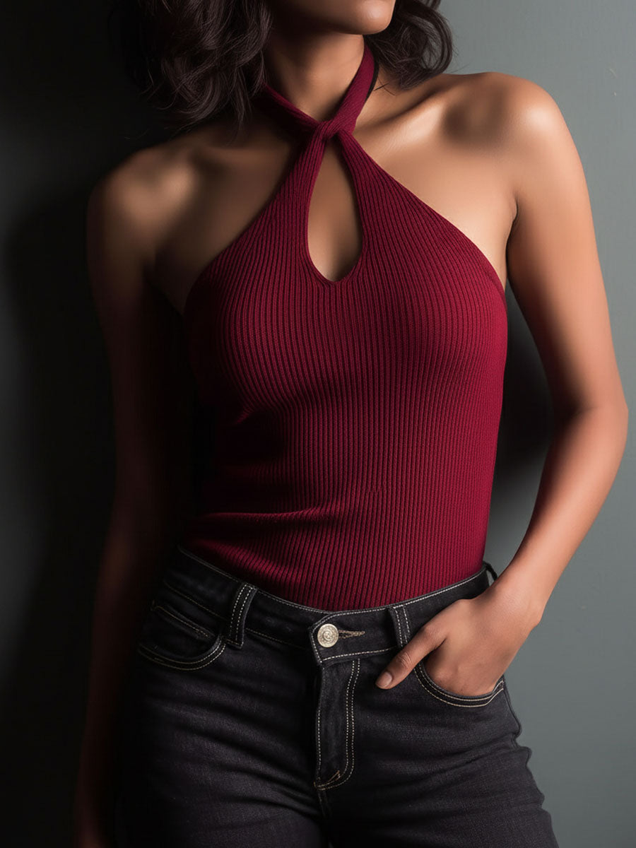 Retro Key Hole Burgundy Ribbed Knit Halter Top